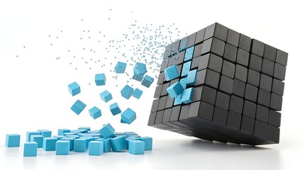 Exploding cube with blue fragments isolated in white background, 3d render