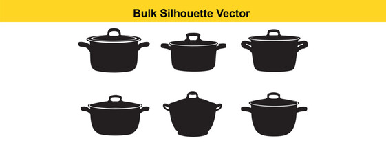 Black Pot Silhouettes Vector Illustration Set, Kitchenware Design Clipart