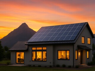 Obraz premium solar panel house with beautiful mountain and sunset background