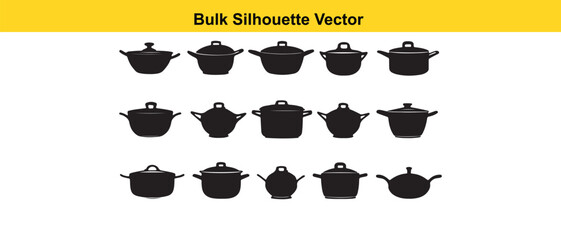 Bulk Silhouette Vector of Cooking Pots in Black, Kitchenware Design