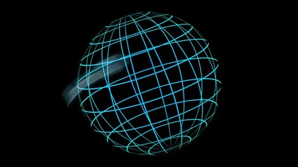 A rotating wireframe globe with letters GLOBAL appearing and disappearing - light blue - Powered by Adobe