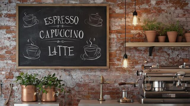 Coffee shop counter displaying espresso, cappuccino, and latte menu