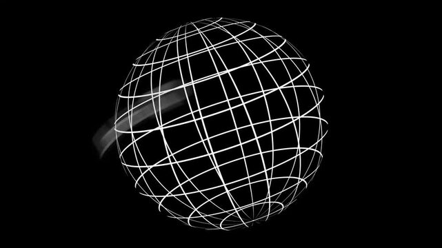 A rotating wireframe globe with letters GLOBAL appearing and disappearing - white