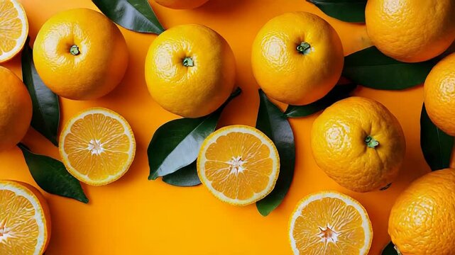 Freshly cut oranges with leaves creating a vibrant frame on orange background