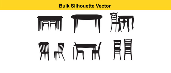 Black Silhouette Vector Furniture Set Dining Tables and Chairs