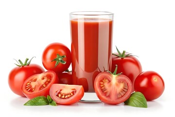 Fresh tomato juice in glass isolated in white background with tomatoes and basil