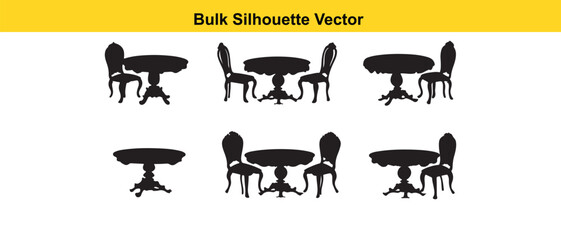 Black Silhouette Vector of Round Tables and Chairs Furniture Set