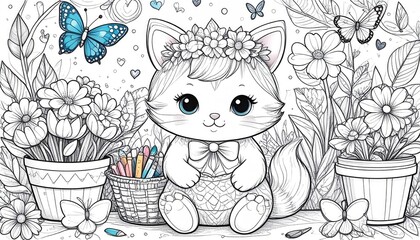 Cute cat coloring page with flowers and butterflies