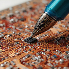 Close up of needle with thread on electronic circuit board showing technology and hardware components