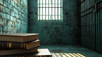 Stack of books offering hope and knowledge in dark prison cell