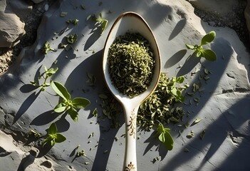 Dried Herbs and Spices in Antique Spoon Culinary Photography