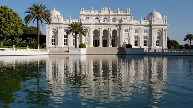 Majestic Saif Mahal Palace reflecting on artificial lake in Bhopal, India
