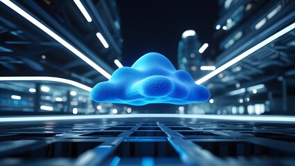 Futuristic blue cloud floating in a modern high-tech city with glowing neon lights
