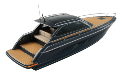 Motor yacht with an open transom design and custom hull graphics