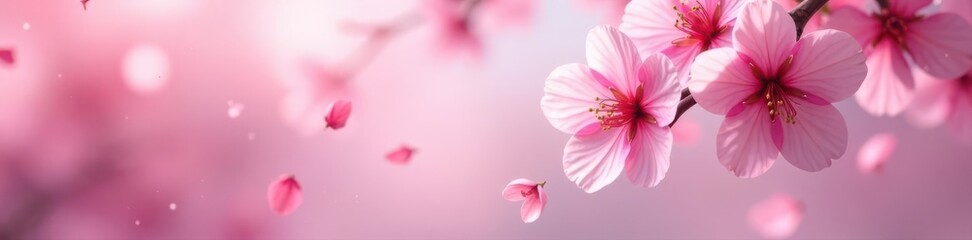 Delicate pink cherry blossoms, petals falling gently in a soft breeze , photography, drifting