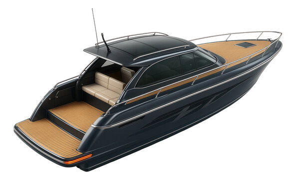 Motor yacht with an open transom design and custom hull graphics