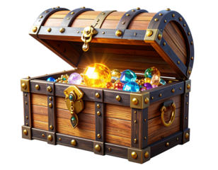  3D Render of Open Treasure Chest with Glowing Magical Light and Hidden Treasures, isolated on transparent background PNG
