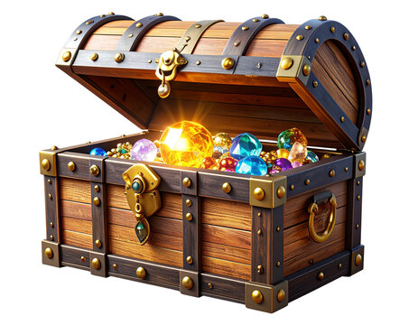  3D Render of Open Treasure Chest with Glowing Magical Light and Hidden Treasures, isolated on transparent background PNG