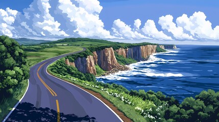 Scenic coastal highway winding through a landscape of cliffs and ocean.