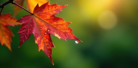 Fototapeta premium Several water droplets cascade down serrated maple leaf edge, garden, picture