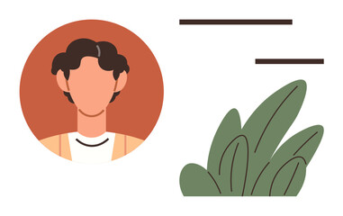 Simplistic human portrait in earthy tones with abstract green leaves and minimal linear accents. Ideal for profiles, social media, eco-concepts, minimalism, design, simplicity, branding. A modern