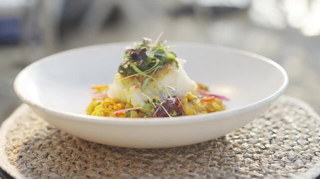 A white bowl with a fish dish and green vegetables. The dish is served on a white plate