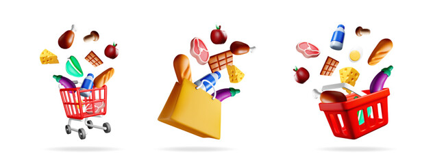 Set of 3d vector illustrations with supermarket shopping cart, paper bag and plastic basket dropping with groceries. Online grocery store concept.