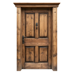 Rustic antique wooden door with ornate metal knocker and handle isolated on transparent background