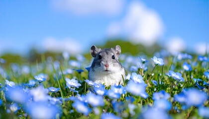 Cute hamster in a field of flowers
