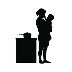 Silhouette of Mother Holding Child Near Kitchen Stove