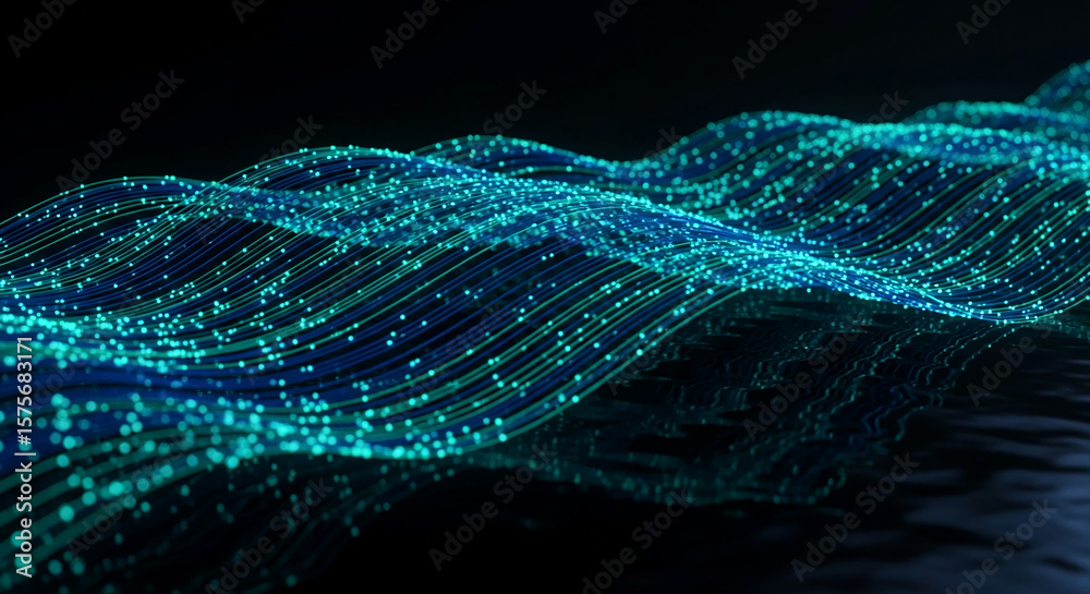 Poster abstract image of teal and blue glowing lines forming waves, creating a dynamic and technological fe