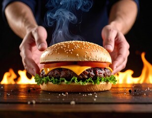 Delicious burger held in hands