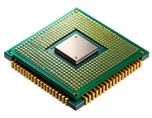  3D Render of Modern Processor Chip with Visible Circuitry and Pins, isolated on transparent background PNG