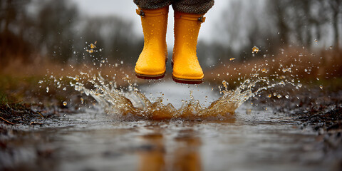 Feet of child in yellow rubber boots jumping over puddle in rain