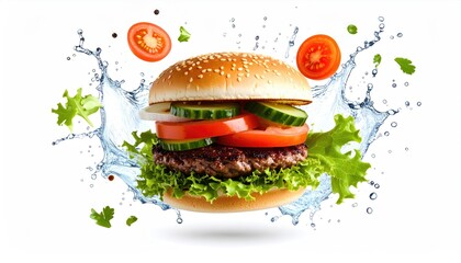 Delicious burger in mid-air, surrounded by splashes