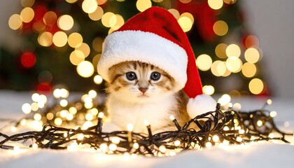 Cute kitten in Santa hat with Christmas lights
