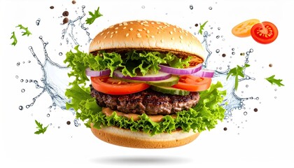 Delicious burger in mid-air