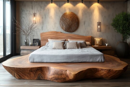luxury handcrafted bed made from a unique solid wood slab, set in a rustic interior design of a modern bedroom. Created with, Generative AI