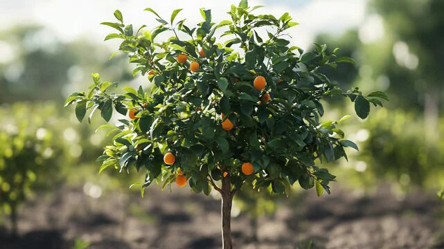 Small orange tree growing in orchard with ripe oranges at its base