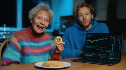 Bitcoin enthusiasts discuss cryptocurrency investment home office digital content cozy environment close-up view finance trends