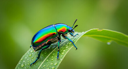 Naklejka premium Close-up of iridescent beetle on dew-covered leaf, showcasing vibrant green, blue, and red hues. Represents nature's beauty, biodiversity, and the intricate detail of insects