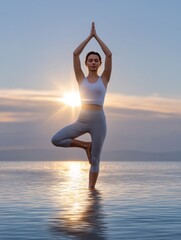 Sunrise yoga practice over calm waters tranquil nature scene serene lifestyle outdoor environment inspirational viewpoint