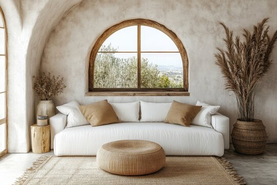 white sofa in a boho style room with an arched window and stucco walls, exemplifying rustic interior design for a modern living room. Created with, Generative AI