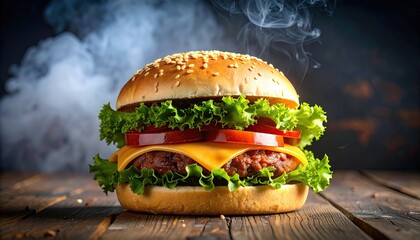 Delicious burger on a rustic wooden table