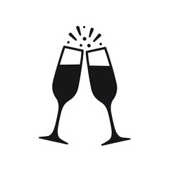 Two Black Champagne Glasses Clinking with Bubbles toast