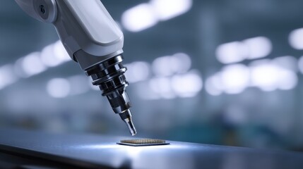 Robotic arm assembling microchips high-tech factory industrial process clean environment close-up view automation concept