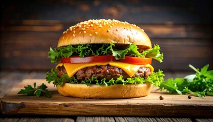 Delicious burger on a wooden board