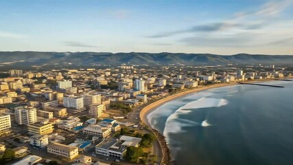 Liberia independence day cityscape view of coastal city architecture sprawling shoreline and mountains aerial view showcasing urban landscape of liberia