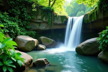 Naklejka premium Gentle waterfall feature, lush greenery, stone textures , rocks, wellbeing, calm