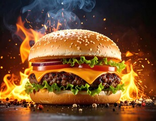 Delicious burger on fire